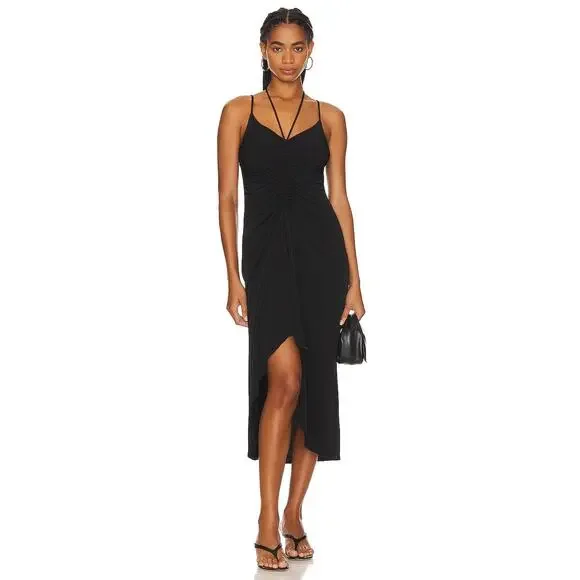 Lanston Black Ruched Midi Dress Double Strap Size S NWT - Picture 1 of 8